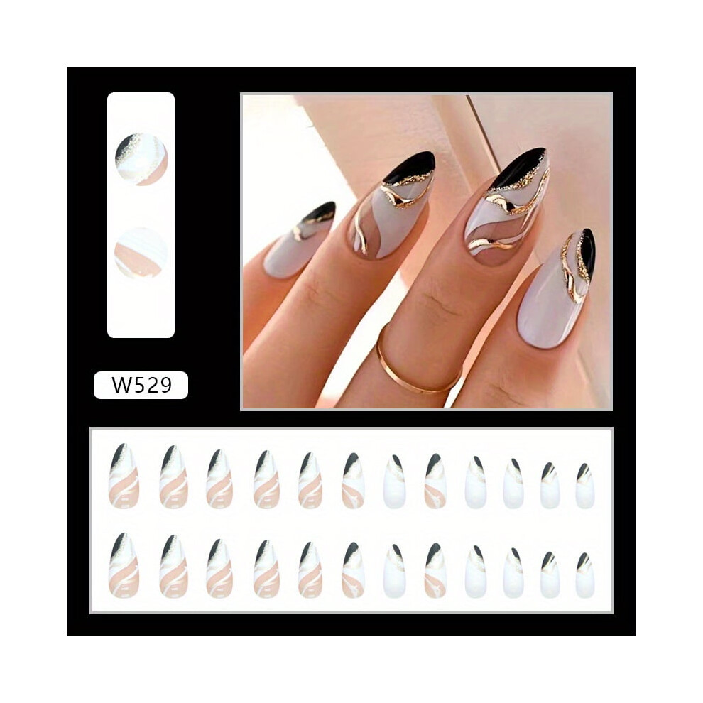 White,Black Chic Black & White Almond-Shaped Press-On Nails With Glossy Finish - Medium Length, Stripe Design For Fashionable Manicure