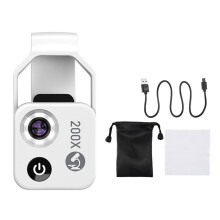 Lente de microscópio com ampliação de 200x, luz LED, lente macro de bolso tipo micro para iOS e Android, todos os smartphones, branca.