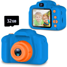 Opgrader børne-selfiekamera, dobbeltkamera HD digitale videokameraer til småbørn, julegave til fødselsdag til børn (32 GB SD-kort - marineblå)