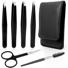 WOVTE 6 Pcs Tweezer Set with 4 Tweezers, Curved Scissors, Eyebrow Brush for Hair Removal