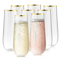 Paquete de 2/8 vasos de plástico con borde dorado, vasos desechables transparentes compatibles con bodas, Acción de Gracias, Navidad y fiestas de