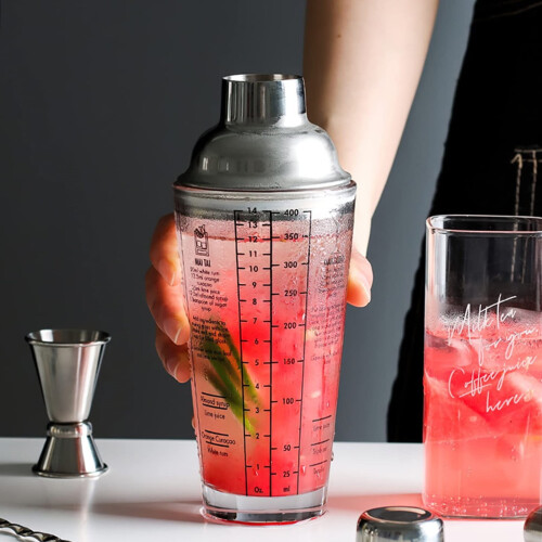 Γυάλινο σέικερ για κοκτέιλ 400ML - Καπάκι από ανοξείδωτο ατσάλι, Διαφανές, Ανθεκτικό 1
