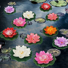 Fymlhomi 12 Pcs Artificial Floating Foam Lotus Flower with Water Lily Pad, Lifelike Ornanment Perfect for Home Garden Pond Decoration