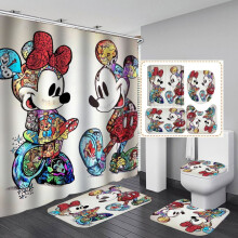 Mickey 4-teiliges Duschvorhang-Set mit rutschfesten Teppichen, WC-Deckelbezug und Badematte, wasserdichtes Polyestergewebe, 183 x 183 cm