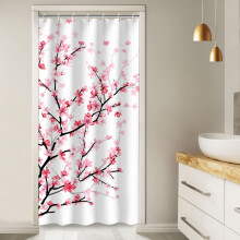 Duschvorhang mit rosa Blumenmuster und Haken, passend zur Badezimmerdekoration mit Kirschblütenmuster, 91 x 183 cm, Weiß