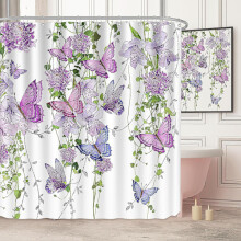 Lila Duschvorhang mit Schmetterlingsmotiv fürs Badezimmer, Sommer-Duschvorhang Lavendel Lila Rosa Blumenmuster mit 12 Haken, (FMY)