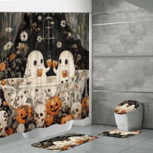 Halloween-Duschvorhang-Set – Duschvorhang aus Stoff mit Blumenmuster, 12 Haken, maschinenwaschbar – Orange