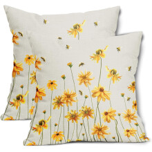 Lente/Zomer Bloemen Kussenhoezen 16x16Inch Set van 2, Coreopsis Madeliefjes Gele Bloemen Bijen Decoratieve Hoezen, Landelijke Seizoenskussen voor