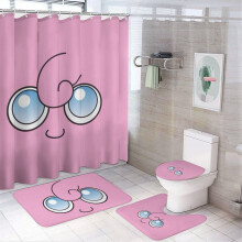 Juego de cortina de ducha Jigglypuff de 4 piezas con alfombras antideslizantes, funda para tapa de inodoro y tapete de baño, decoración para baño