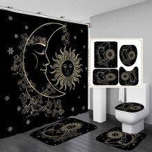 Juego de 4 cortinas de ducha con diseño de sol y luna, compatibles con la decoración celestial bohemia, cortina impermeable + alfombrilla de baño
