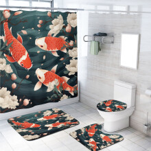 Juego de cortina de ducha de 4 piezas con diseño de peces koi, arte japonés en acuarela rosa con flores de cerezo, alfombras antideslizantes y