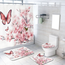 Cortina de ducha con diseño de flores de cerezo, 72x72 pulgadas, impermeable, con estampado floral rosa y mariposas, incluye alfombra antideslizante