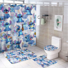 Stitch4Pcs-perheen suihkuverhosetti liukumattomilla matoilla, wc-suojuksella ja kylpymatolla, mustat vedenpitävät verhot (72x72 tuumaa) + 12 koukkua
