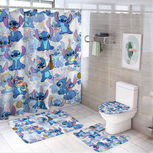 Σετ κουρτινών μπάνιου Stitch4Pcs για όλη την οικογένεια με αντιολισθητικά χαλιά,