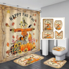 4-delige Thanksgiving douchegordijnset met kleedjes, pompoenen, esdoorn, zonnebloemen, antislip badmat, toiletbrilhoes, 12 haken, polyester