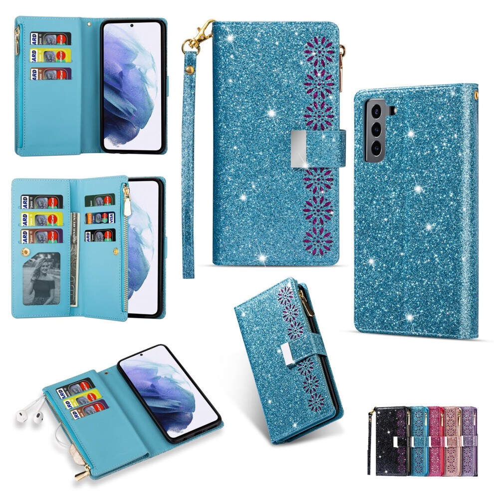 Compatible With Samsung Galaxy S22 6.1" 5G 2022 Case - Magnetic Zipper Wallet Purse Clutch Cover With Stand, Wrist Strap & 9 Card Slots, Bling 9395123064857