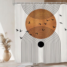 Cortina de ducha de mediados de siglo, 60 x 72 pulgadas, diseño geométrico abstracto bohemio con arco de pájaros y sol en color beige, decoración