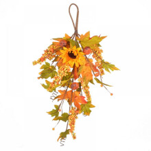 Künstlicher Herbstgirlande mit Sonnenblumen, Ahornblättern, Kürbissen und Beeren – ideal als herbstliche Dekoration für die Haustür.