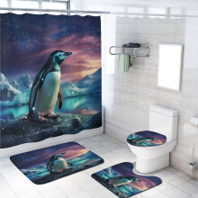 Juego de cortina de ducha Northern Aurora de 4 piezas con alfombras, diseño de pingüino, animal, montaña, galaxia mágica, cortina de baño