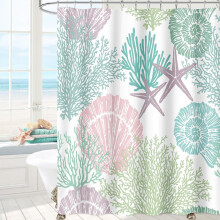 Cortina de ducha extralarga de 183 x 213 cm (72 x 84 pulgadas) con diseño náutico en rosa y verde, temática tropical de conchas marinas, estrellas