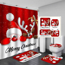 Juego de 4 piezas de cortina de ducha navideña con diseño de árbol de Navidad, cortinas rojas impermeables y alfombrilla de baño antideslizante