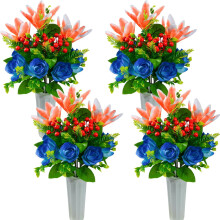 Künstliche Friedhofsblumen für Gräber, 4er-Set Sträuße mit Vase, geeignet für die Dekoration von Grabsteinen im Freien (Blau & Orange - 4