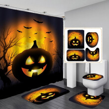 Juego de 4 piezas de cortina de ducha con calabazas de Halloween, alfombras antideslizantes, funda para tapa de inodoro y alfombrilla de baño,