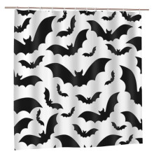 Cortina de ducha Janrevotw con estampado de murciélagos de Halloween, decoración de baño de Halloween en blanco y negro con ganchos, 72x72