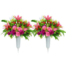 Sets künstliche Friedhofsblumen mit Vase, Grabblumen für den Außenbereich, kompatibel mit Friedhofsvasen, naturgetreue Rosenarrangements aus Seide