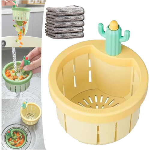 Cactus Kitchen Sink Drain Strainer, Press Automatic Dumping Basket, Multi-Functional Lifting Filter Net for Home Use (Yellow, 1 PCS)