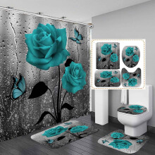 Juego de 4 piezas de cortina de ducha con rosas moradas y alfombrilla antideslizante para el baño, decoración floral para el baño de mujeres,
