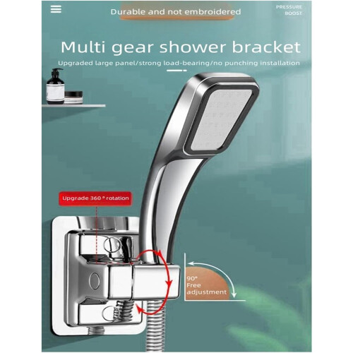 Handheld Shower Head with Punch Adjustable SelfAdhesive Holder, Height Adjustable Polished Silver 2