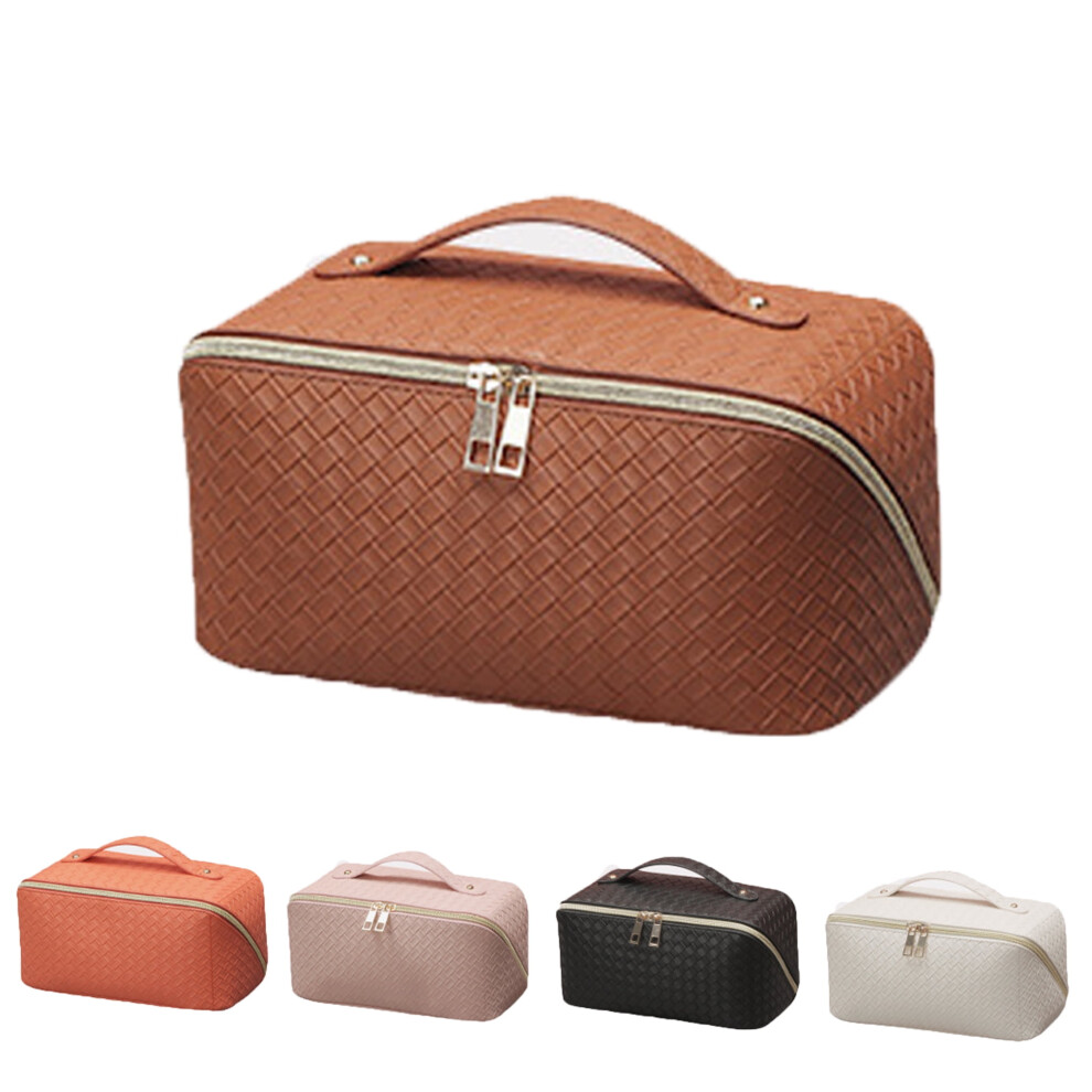 Brown Pu Leather Travel Cosmetic Bag For Women Cosmetic Organizer High-Capacity Makeup Bag Storage Pouch,