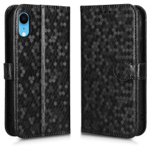 Hoesje compatibel met iPhone XR, geometrisch patroon, leren portemonneehoesje met magnetische sluiting.