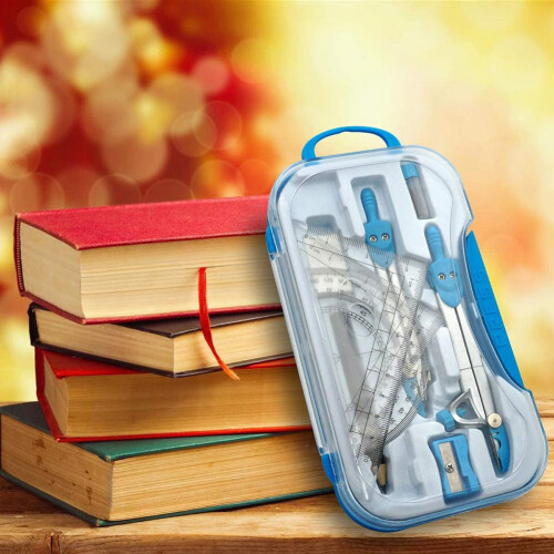 Geometry Compass Set 10Pcs School Maths Protractor Set Rulers for Student Maths and Engineering in Carry Case, Blue 1