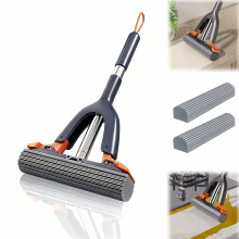 SelfSqueeze Sponge Mop with Stainless Steel Handle, Wet and Dry Desktop Cleaner for Home and Office, 2 Cotton Heads