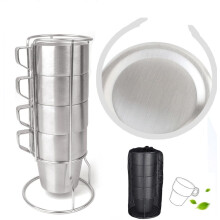 Stainless Steel Coffee Cup Set Double Layer Water Cup Outdoor Camping Cutlery Barbecue Four-piece Cup Set, 301-400ml