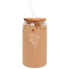 16oz (ca. 473 ml) großer, dosenförmiger Glasbecher für Eiskaffee mit Bambusdeckel und Strohhalm, Geschenkidee mit Geburtsmonatsblumen (April –