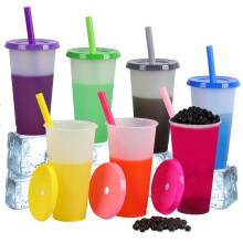 Plastikbecher in Großpackung mit Deckel | Strohhalme für Erwachsene und Kinder: 32-oz-Mehrweg-Boba-Trinkbecher, wiederverwendbare, eiskalte,