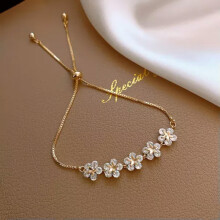RSAMD Luxus Damen Zirkon CZ Kristall Manschette Goldplattiertes Armband Armreif Kette Schmuck - Gold Fünf Blume (Heiß)