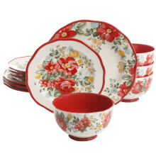 Pioneer Woman Vintage Floral -astiasto, 12 osaa, punainen