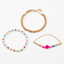 Claire's Goldperlen-Armbandset mit Happy Face – 3er-Pack