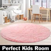 48.03x48.03 inches Round Shag Rug, Circle Rug Fluffy Rug Washable Non Slip Fuzzy Carpet for Girls Bedroom Bathroom Living Room, Pink
