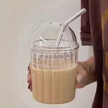 WQQZJJ Söta dricksglas med glaskupollock och sugrör, återanvändbara milkshakekoppar med bred mun 15oz glaskaffe-iskopp för hemmakontorsbar