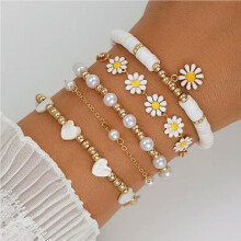 RSAMD5 peças/conjunto Boho Multicamadas com Pérolas e Flores de Margarida, Pulseira Bracelete com Coração e Detalhes de Amor