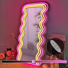 Neon Wall Mirror with Wave LED Design, Adjustable Brightness Irregular Vanity for Room and Office, 21.3'x10.6'