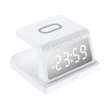 Carregador sem fio portátil digital de 15 W para celular e fone de ouvido, despertador multifuncional 3 em 1 com indicador luminoso.