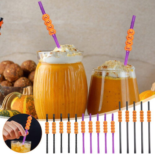 Πακέτο 5 πλαστικά καλαμάκια για πάρτι Halloween, σκελετός, νεκροκεφαλή και κολοκύθα, 2