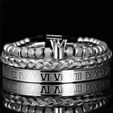 RSAMD Luxus Herren-Armbänder mit Mikropavé-Zirkonia-Kugel, geflochten, verstellbar, Kupferperlen – 3er-Set, Silber