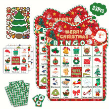 33Pcs Combination Christmas Theme Holiday Bingo Game Cards, Christmas Tree Stickers